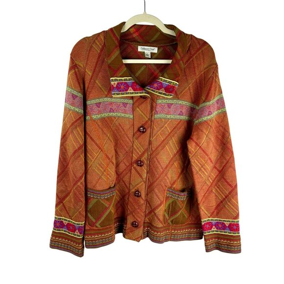 Coldwater Creek Nordic Cardigan Sweater Women Large Orange Floral Metallic Boho - Picture 1 of 5